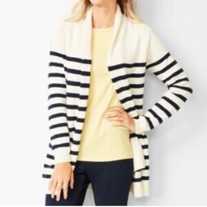 J Jill Women's Striped Tunic Cardigan Small Petite Ivory Navy Coastal